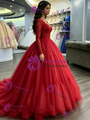 Red Tulle V-neck Long Sleeve Beading Quinceanera Dress