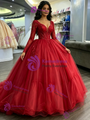 Red Tulle V-neck Long Sleeve Beading Quinceanera Dress