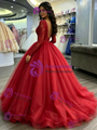 Red Tulle V-neck Long Sleeve Beading Quinceanera Dress