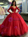 Red Tulle V-neck Long Sleeve Beading Quinceanera Dress