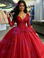 Red Tulle V-neck Long Sleeve Beading Quinceanera Dress