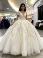 White Tulle V-neck Short Sleeve Appliques Quinceanera Dress