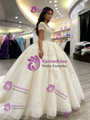 White Tulle V-neck Short Sleeve Appliques Quinceanera Dress