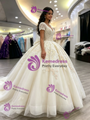 White Tulle V-neck Short Sleeve Appliques Quinceanera Dress