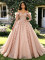 Pink Tulle Sequins Off the Shoulder Long Sleeve Quinceanera Dress