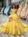Yellow Tulle Square Neck Appliques Quinceanera Dress
