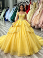 Yellow Tulle Square Neck Appliques Quinceanera Dress
