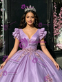 Purple Tulle V-neck Appliques Quinceanera Dress
