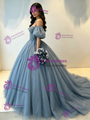 Blue Tulle Off the Shoulder Beading Quinceanera Dress