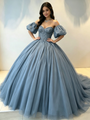 Blue Tulle Off the Shoulder Beading Quinceanera Dress