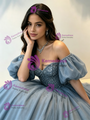 Blue Tulle Off the Shoulder Beading Quinceanera Dress