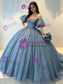 Blue Tulle Off the Shoulder Beading Quinceanera Dress