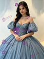 Blue Tulle Off the Shoulder Beading Quinceanera Dress