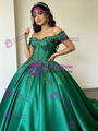 Green Satin Appliques Quinceanera Dress
