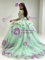 Green Long Sleeve Square Neck Appliques Quinceanera Dress