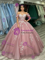 Pink Tulle Off the Shoulder Appliques Quinceanera Dress