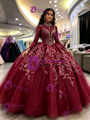 Burgundy Tulle Long Sleve High Neck Quinceanera Dress