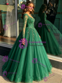 Green Tulle V-neck Long Sleeve Quinceanera Dress