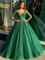 Green Tulle V-neck Long Sleeve Quinceanera Dress