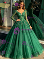 Green Tulle V-neck Long Sleeve Quinceanera Dress