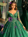 Green Tulle V-neck Long Sleeve Quinceanera Dress