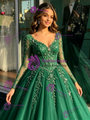 Green Tulle V-neck Long Sleeve Quinceanera Dress