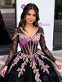 Black Tulle V-Neck Appliques Quinceanera Dress