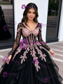 Black Tulle V-Neck Appliques Quinceanera Dress