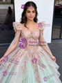 Green Sequins Long Sleeve Appliques Quinceanera Dress