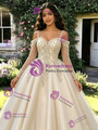 Champagne Tulle Straps Long Sleeve Quinceanera Dress