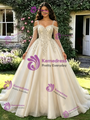 Champagne Tulle Straps Long Sleeve Quinceanera Dress