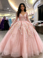 Pink Tulle Long Sleeve Appliques Quinceanera Dress