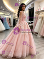 Pink Tulle Long Sleeve Appliques Quinceanera Dress
