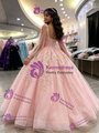 Pink Tulle Long Sleeve Appliques Quinceanera Dress