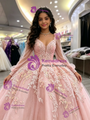 Pink Tulle Long Sleeve Appliques Quinceanera Dress