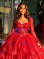 Red Tulle Long Sleve Beading Quinceanera Dress