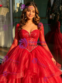 Red Tulle Long Sleve Beading Quinceanera Dress