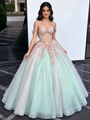 Green Tulle Straps Appliques Quinceanera Dress