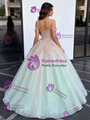 Green Tulle Straps Appliques Quinceanera Dress