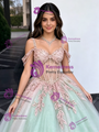 Green Tulle Straps Appliques Quinceanera Dress