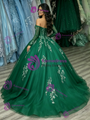 Green Tulle Long Sleeve Appliques Quinceanera Dress