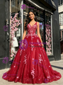 Red Tulle V-neck Appliques Quinceanera Dress