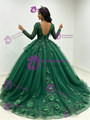 Green Tulle Long Sleeve V-neck Appliques Quinceanera Dress