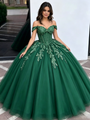 Green Tulle Off The Shoulder Appliques Quinceanera Dress