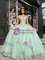 Green Tulle Sequins Straps Appliques Quinceanera Dress