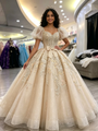 Champagne Tulle Puff Sleeve Appliques Quinceanera Dress