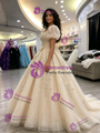 Champagne Tulle Puff Sleeve Appliques Quinceanera Dress
