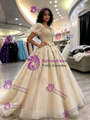 Champagne Tulle Puff Sleeve Appliques Quinceanera Dress