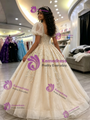 Champagne Tulle Puff Sleeve Appliques Quinceanera Dress