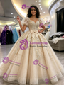 Champagne Tulle Puff Sleeve Appliques Quinceanera Dress